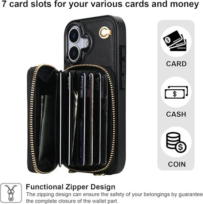 Bocasal Crossbody Wallet Case for iPhone 17, RFID Blocking Leather Purse Case with Card Holder, Protective Handbag Flip Cover with Zipper Wrist Strap Lanyard for Women 5G 6.3 Inch (Black)