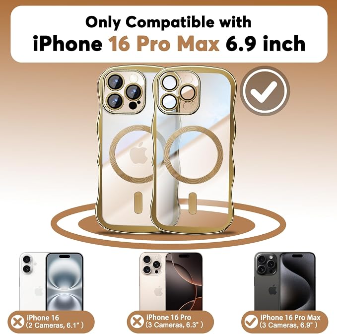 Misscase Designed for iPhone 16 Pro Max Case 6.9",with Privacy Screen Protector*1,Cute Wave Frame Case with Camera Lens Protector,Compatible with MagSafe Plating Bling for Women Gold