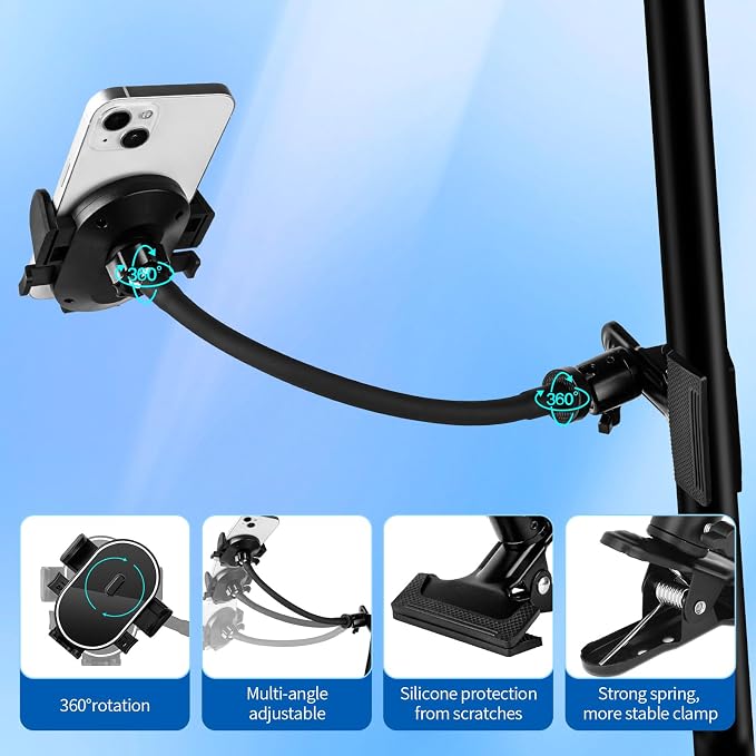ROCKFREE Clip Phone Holder with 360° Gooseneck Arm & Auto-Locking Clamp,Short/Medium/Long Arm Options for Desk, Mic Stand, Table,Treadmill – Fits 4-7" Smartphones(Long-9.84 inch Arm)