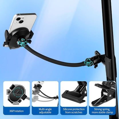 ROCKFREE Clip Phone Holder with 360° Gooseneck Arm & Auto-Locking Clamp,Short/Medium/Long Arm Options for Desk, Mic Stand, Table,Treadmill – Fits 4-7" Smartphones(Long-9.84 inch Arm)