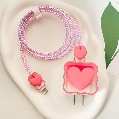 DIY 5 in 1 18W/20W USB-C Power Adapter Charger Cover & Cable Protector Set, Soft TPU Charging Cables Protective Case Compatible with iPhone & MacBook Neo 13 Inch A18 Pro, Pink