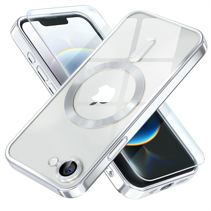 Misea Magnetic for iPhone 17e / 16e Case Compatible with MagSafe [Never Yellowing] [Military Grade Drop Protection] Full Camera Lens Protector Plating Soft Clear Phone Case for Women 6.1 inch, Silver