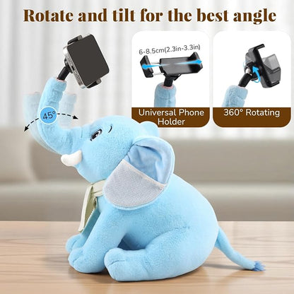 Phone Holder, Phone Mount with 360° Rotating Clip 45° Adjustable Trunk, Elephant Stuffed Animal with Ear Pockets Glasses Cloth Scarf & Back Headphone Fit, Cell Phone Holder for Desk Bed Sofa Car- Blue