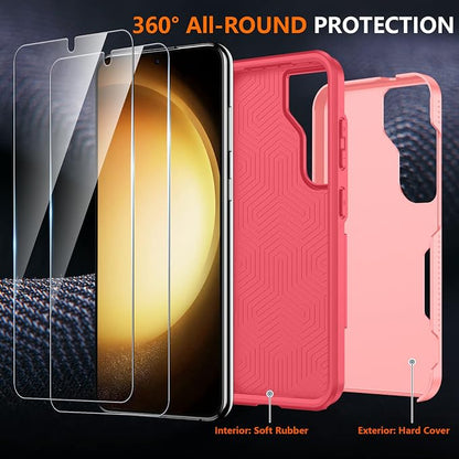 SPIDERCASE Designed for Samsung Galaxy S23 Case, [10 FT Military Grade Drop Protection], 2 Pack [Tempered Glass Screen Protector+Camera Lens Protector] Heavy Duty Shockproof Case, Pink