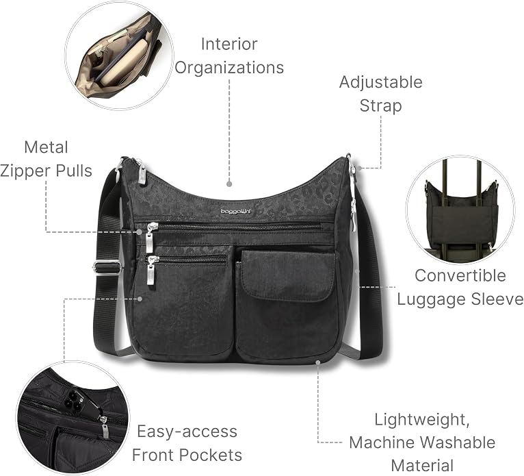 Baggallini womens Everywhere Bagg Crossbody Women 11x9 Lightweight Nylon Hobo Water-resistant Travel Bag W/Rfid