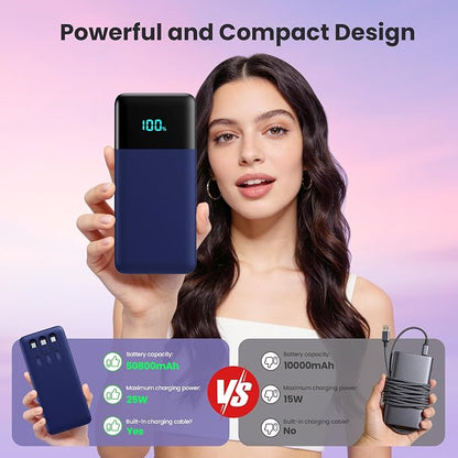 Portable Charger Power Bank 50800mAh,25W USB C Fast Charging Battery Pack with 3 Built in Cables & LED Display,6 Output 2 Input Travel Essentials Phone Charger for iPhone 17/16/15,Android etc (Blue)