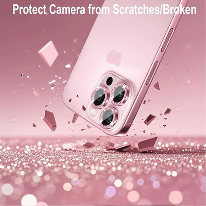 Compatible for iPhone 16 Pro/iPhone 16 Pro Max Camera Lens Protector Bling, Cute Sparkle Glitter Luxury Camera Cover for Women, Anti-Scratch (3 Protectors + 1 Extra), Pink