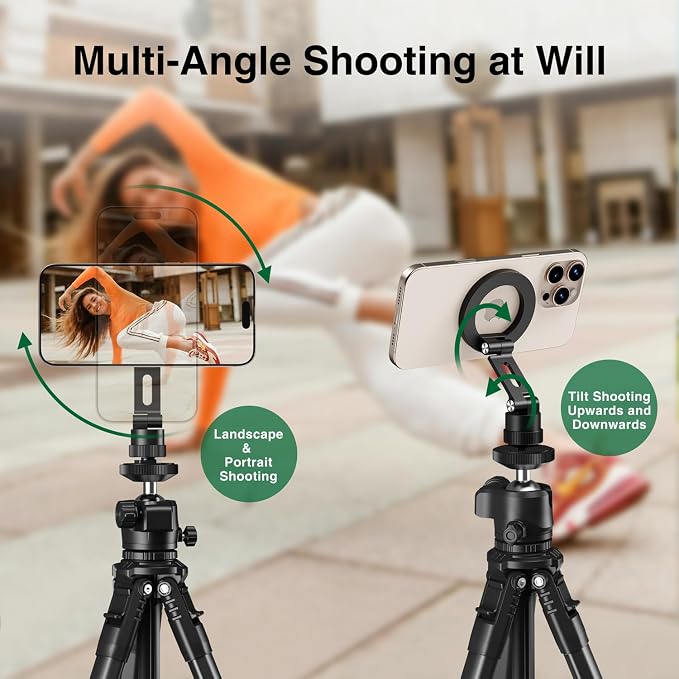 elitehood Magnetic Magsafe Tripod Phone Mount Holder, Foldable Phone Holder for Tripod Attachment with 1/4” Screw & Cold Shoe, All Aluminum iPhone Mount Adapter for Recording Shooting Vlogging