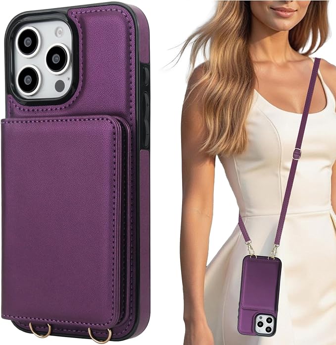 LOHASIC for iPhone 16 Pro Max Case Wallet with Detachable Crossbody Strap & Wrist Lanyard, RFID Blocking, 4 Card Slots 2 Cash Pockets, Vegan Leather Case with Card Holder for Women Girls, Purple