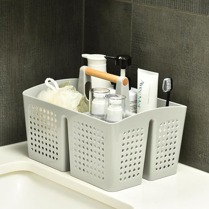 Portable Shower Caddy Basket with Compartments, Plastic Divided Cleaning Caddy Organizer Storage Tote with Handle for Bathroom, College, Dorm Room Essentials, Light Gray