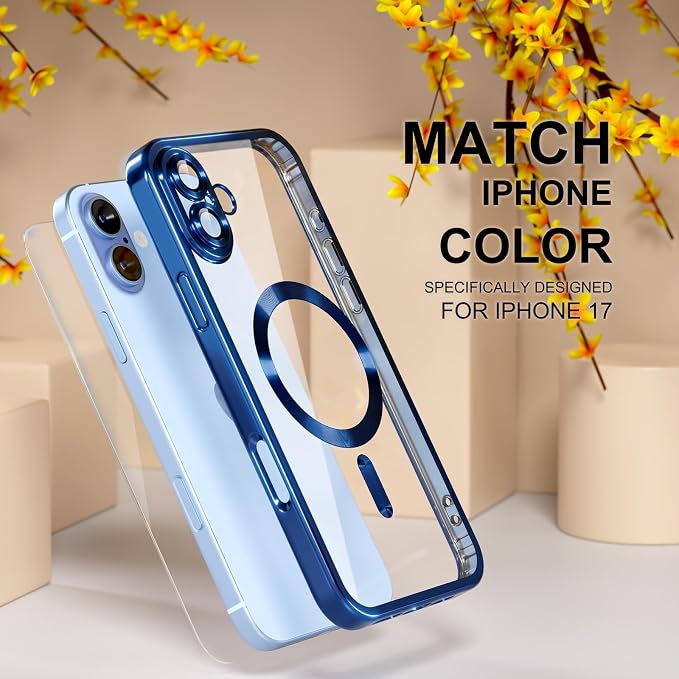 Misea Magnetic for iPhone 17 Case Compatible with MagSafe [Never Yellowing] [Military Grade Drop Protection] Full Camera Lens Protector Plating Soft Clear Phone Case for Women, Deep Blue