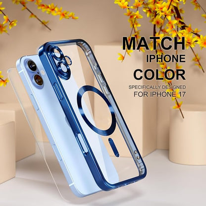 Misea Magnetic for iPhone 17 Case Compatible with MagSafe [Never Yellowing] [Military Grade Drop Protection] Full Camera Lens Protector Plating Soft Clear Phone Case for Women, Deep Blue