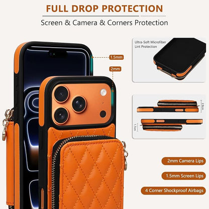 Keallce Case for iPhone 17 Pro Max 6.9'' Wallet Case, Crossbody Zipper Purse with RFID Blocking Card Slots Kickstand, Lanyard & Handstrap Flip Leather Cover for iPhone 17 Pro Max, Orange