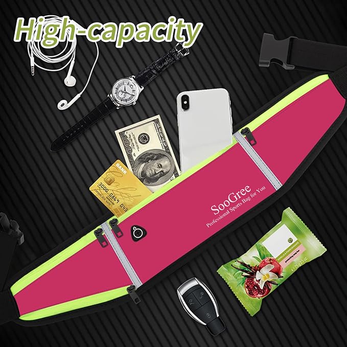 SooGree Men Women Running Belts,Slim Sport Belts,Waterproof Running Fanny Pack,Waterproof Running Waist Packs with Reflective Strip,Runner Belt for Running Walking Cycling Camping Gym (Rose)