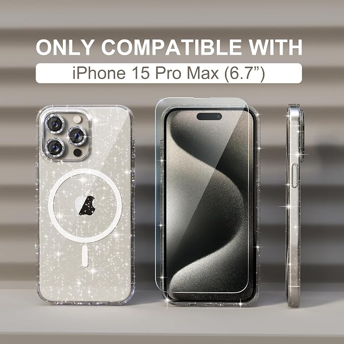 Choiche for iPhone 15 Pro Max Case Magnetic, Women Clear Glitter Bling Sparkly Case, [3xDiamond Camera Lens Protectors] [2xTempered Glass Screen Protectors] [Compatible MagSafe] (Glitter Clear)