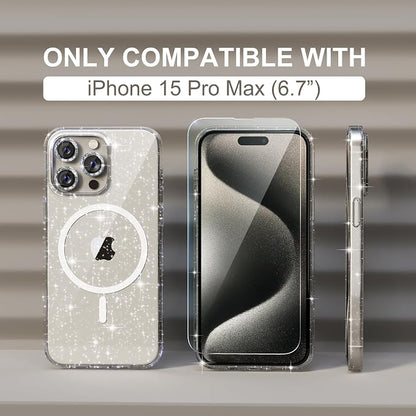 Choiche for iPhone 15 Pro Max Case Magnetic, Women Clear Glitter Bling Sparkly Case, [3xDiamond Camera Lens Protectors] [2xTempered Glass Screen Protectors] [Compatible MagSafe] (Glitter Clear)