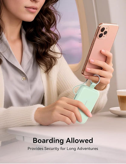 RORRY Portable Charger, 10000mAh PD 30W Fast Charging Portable Charger Power Bank with Built-in Cables, Travel Keychain Charger Battery Pack for iPhone 17/16/15/14/13/12, for AirPods 2/3/4/Pro, Green