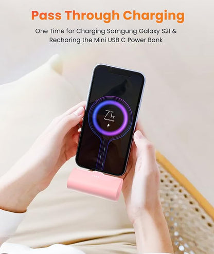 Mini Pink USB C Portable Battery Charger for iPhone 15 Pro Max, 4800mAh Little Charger Battery Pack Compact Power Bank Back Phone Charger for iPhone 15/16/Samsung Galaxy S22/Note 20/Google/Pixel