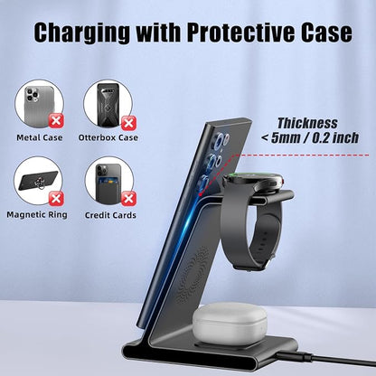 Wireless Charger for Samsung Charging Station, 3 in 1 Samsung Wireless Charger for Samsung Galaxy S24 Ultra/S23 Ultra/Z Flip 5/Fold 5/Buds, Watch Charger for Galaxy Watch 6/5 Pro/4/3