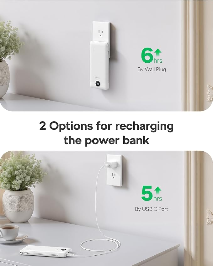 VEGER AC Wall Plug Portable Charger, 10000mah Slim Portable Charger Built in Cables, USB C Power Bank 15W Fast Charging, Travel Essential Battery Pack Compatible with iPhone, Android and More(Purple)