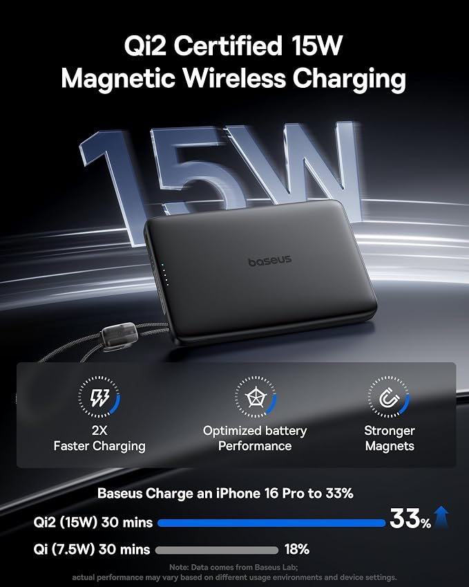 Baseus Picogo Qi2 15W Magsafe Portable Charger, 0.5" Ultra Slim 10000mAh Wireless Power Bank with 27W Built-in USB-C Cable, Magnetic Battery Pack for iPhone 17 Pro Max/17 Pro/Air/16/15/14/13/12