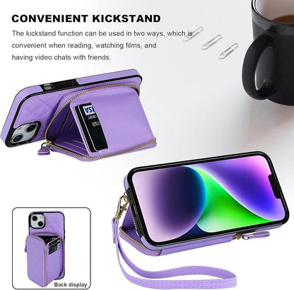 Bocasal Crossbody Wallet Case for iPhone 14 Plus, RFID Blocking PU Leather Zipper Handbag Purse Flip Cover, Kickstand Folio Case with Card Slots Holder Wrist Strap Lanyard 5G 6.7 Inch (Purple)