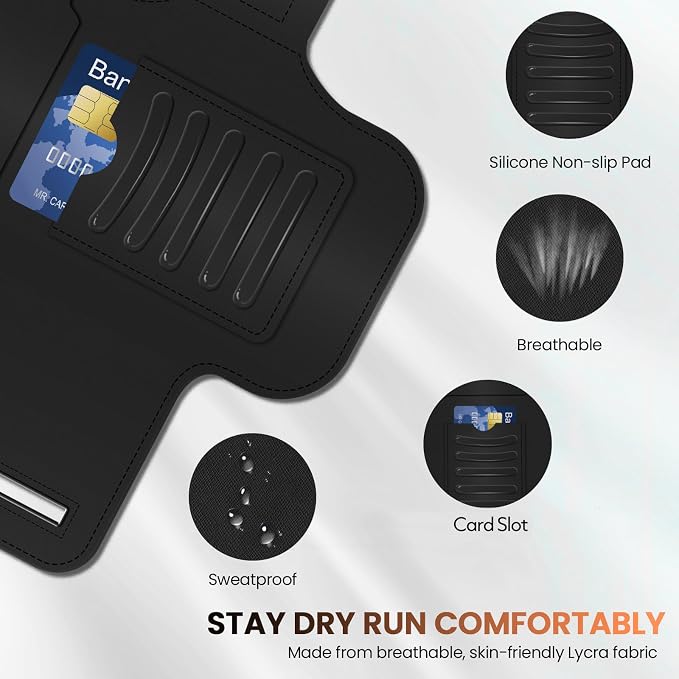 PORTHOLIC 2026 Running Armband Water Resistant Sports Phone Holder Case with Extension Strap,Card Slot Up to 6.9" Phone for iPhone 17/16/15/14/13 Plus Air Pro Max XR/XS, Galaxy S25/24/S10