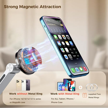Tablet Stand for Desk, iPad Desk Mount, Magnetic Tablet Holder for Desk, Foldable Phone Arm Mount with 360° Adjustable Rotatable, Phone Holder iPad Stand Fits for 4.7-15.6" Screen (Sliver)