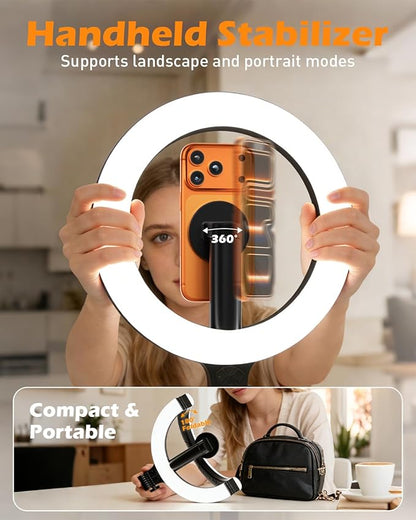 CloudValley Overhead Phone Mount with 10" Ring Light, 5000mAh Magnetic Desktop Tripod with Battery Display, Foldable Portable LED Light with 3 Modes & 10-Level Brightness for Makeup, Selfies, TikTok