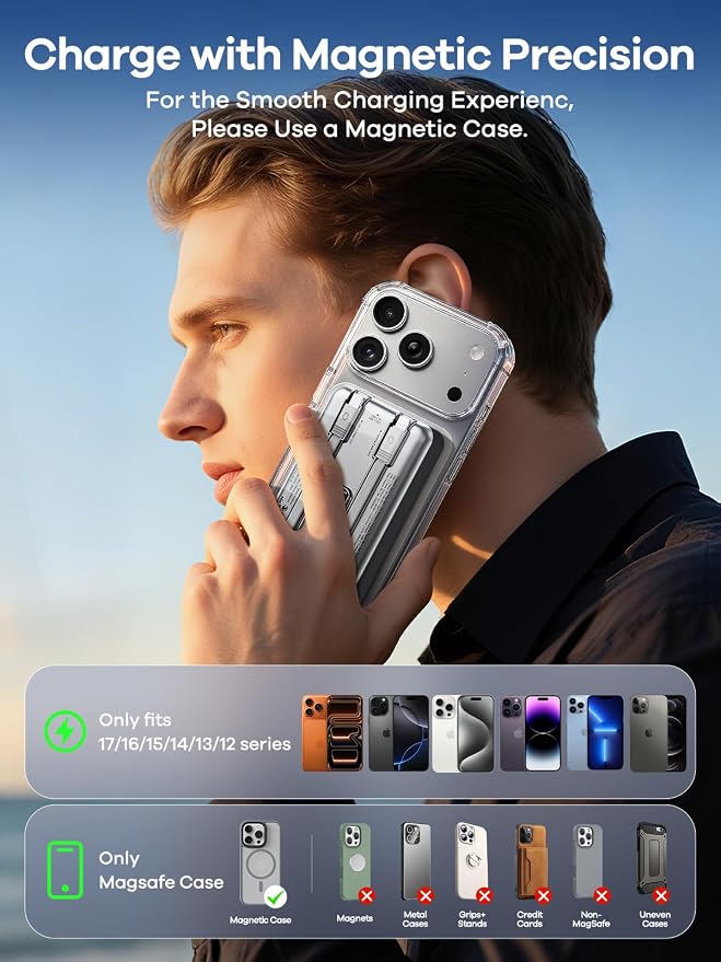 Magsafe Charger 10000mAh PD 20W Power Bank for iPhone & Apple Watch | Magnetic power bank, built-in 2 charging cables, PD 20W fast charge, compatible with iPhone 12-17 & Apple Watch Series