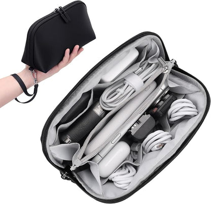 FYY Travel Cable Organizer - 8 Compartments, Lightweight, Water Repellent | With Wrist Strap, Portable Tech Pouch for Cord Charger, Travel and Business Trips Use, Soft Shell Nylon, Black (Medium)