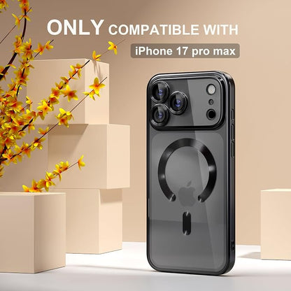 Misea Magnetic for iPhone 17 Pro Max Case Compatible with MagSafe [Never Yellowing] [Military Grade Drop Protection] Full Camera Lens Protector Plating Soft Clear Phone Case for Women, Black
