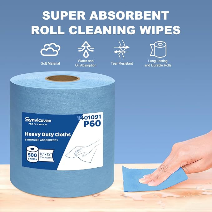 Multi-purpose Industrial Cleanroom Wipes, Lint-Free Jumbo Roll Cleaning Wipes, High Absorbency，12"x 10", Roll of 500 Sheets (Blue)