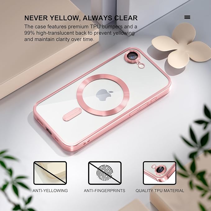Misea Magnetic for iPhone 17e / 16e Case Compatible with MagSafe [Never Yellowing] [Military Grade Drop Protection] Full Camera Lens Protector Plating Soft Clear Phone Case for Women 6.1 inch, Pink