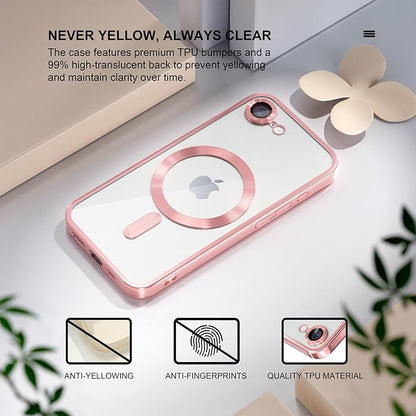 Misea Magnetic for iPhone 17e / 16e Case Compatible with MagSafe [Never Yellowing] [Military Grade Drop Protection] Full Camera Lens Protector Plating Soft Clear Phone Case for Women 6.1 inch, Pink