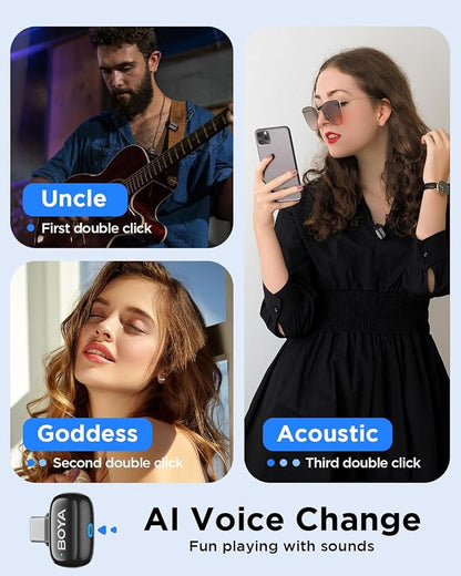 BOYA Mini Wireless Lavalier Microphone for iPhone 16/15 Series iPad iOS Android Phone,30H Battery, AI Voice Change, USB Type-C&Lightning Port Ultra-Compact Lapel Mics for Vlog Tiktok Youtube Streaming