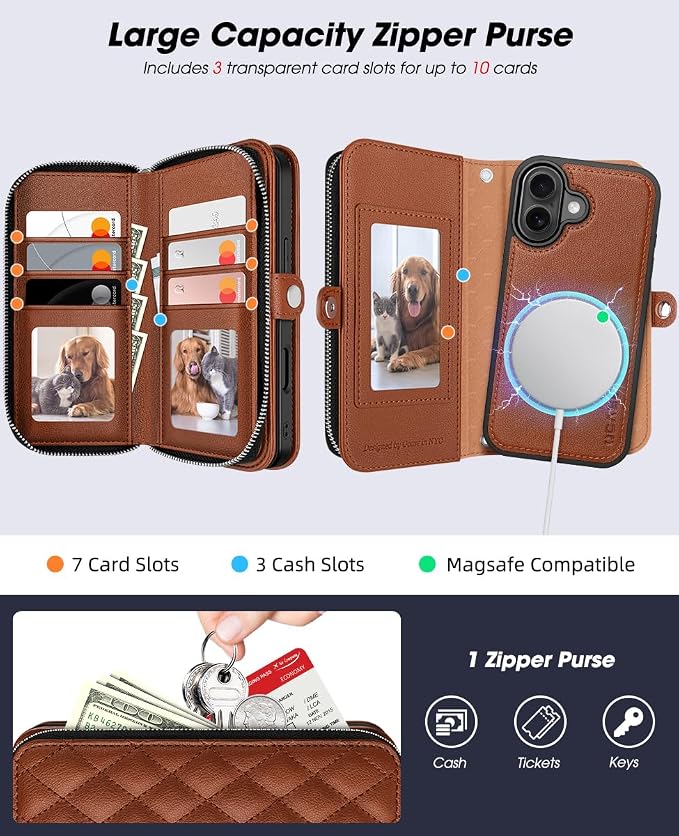 OCASE for iPhone 17 Crossbody Detachable Wallet Case, PU Leather Handbag Phone Purse with Zipper Closure, Card Slots & RFID Blocking, Wrist Strap, Lanyard, Kickstand, Diamond Check Brown