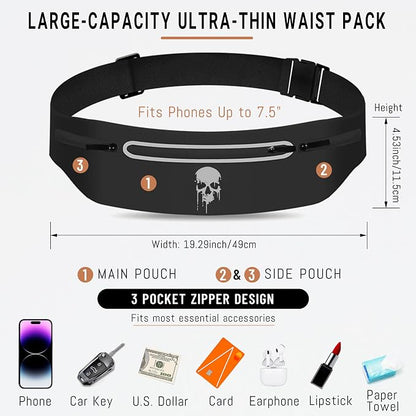 Skull Running Belt Waist Fanny Pack Phone Holder for Women, Waterproof Reflective Running Pack for Men Black Skull Jogging Pouch Adjustable,Horror Grim Reaper Wallet Holder for Hiking Cycling Workout