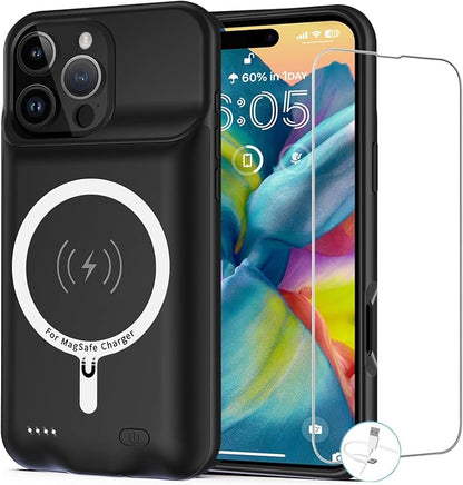 Battery Case for iPhone 16 Pro, [10000mAh] Enhanced Portable Protective Smart Qi Wireless Charger Case Battery Pack with CarPlay Wireless Charging Cover Compatible for iPhone 16 Pro (6.3 inch)-Black