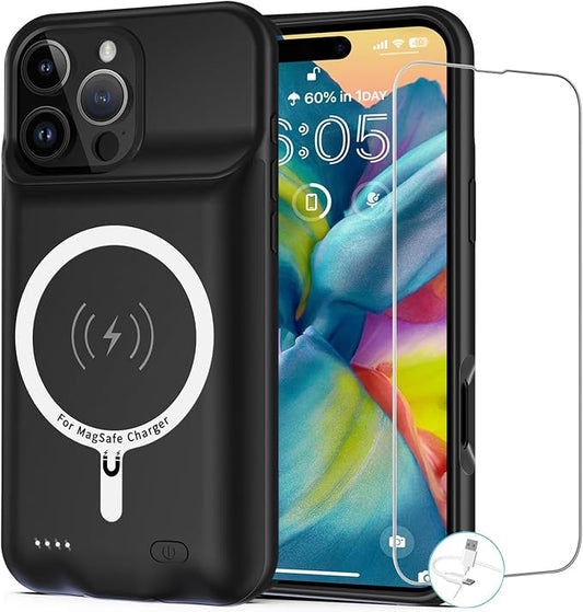 Battery Case for iPhone 16 Pro, [10000mAh] Enhanced Portable Protective Smart Qi Wireless Charger Case Battery Pack with CarPlay Wireless Charging Cover Compatible for iPhone 16 Pro (6.3 inch)-Black