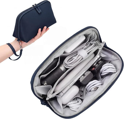 FYY Travel Cable Organizer - 8 Compartments, Lightweight, Water Repellent | With Wrist Strap, Portable Tech Pouch for Cord Charger, Travel and Business Trips Use, Soft Shell Nylon, Navy (Medium)