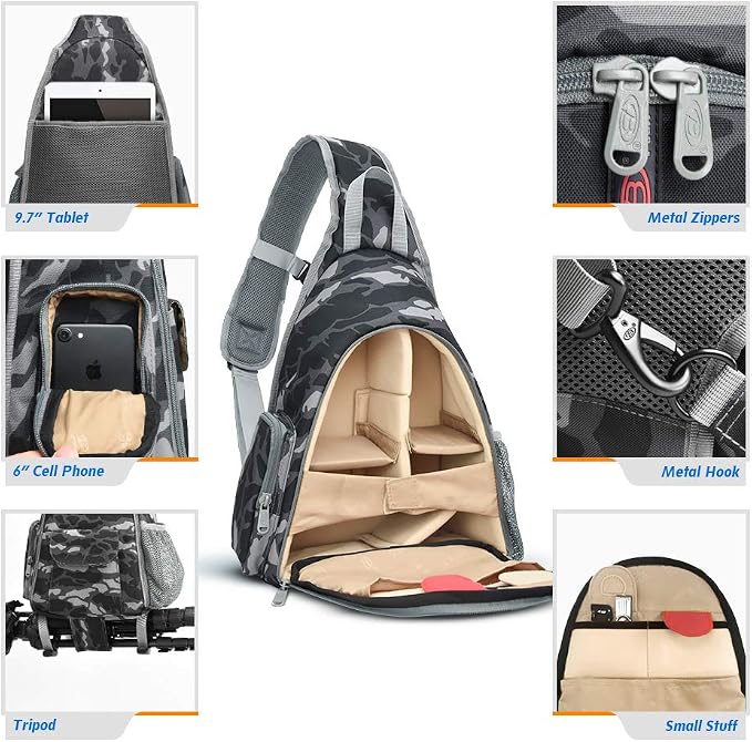 Camera Bag Waterproof Camera Sling Backpack with Rain Cover Outdoor Travel Backpack Camera Case for Laptop Canon Nikon Sony Pentax DSLR Cameras, Lens, Tripod and Accessories (Camouflage)