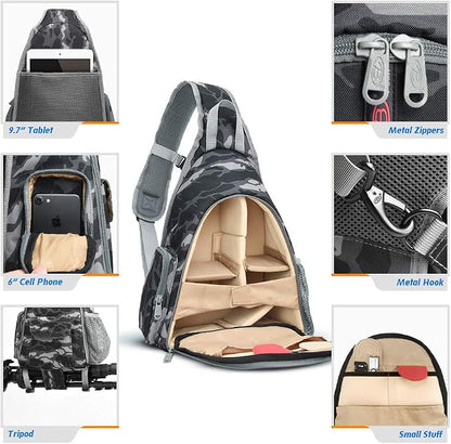 Camera Bag Waterproof Camera Sling Backpack with Rain Cover Outdoor Travel Backpack Camera Case for Laptop Canon Nikon Sony Pentax DSLR Cameras, Lens, Tripod and Accessories (Camouflage)