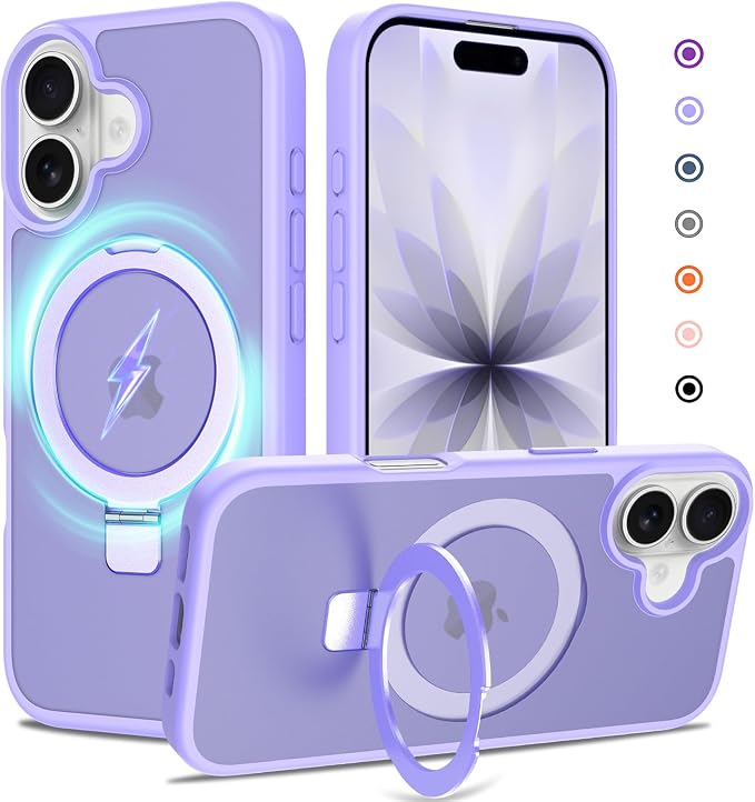 Ultra-Magnetic Stand for iPhone 17 Case [Military Drop Protection] [Compatible with MagSafe] Shockproof Translucent Matte Slim Ring Holder Case for iPhone 17 (Lavender Purple)