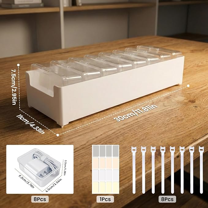 8 Individual Cable Organizer Boxes With Base, Cord Storage Organizer With Labels And Cable Straps For Charging Cables, Adapters, Earphones (8 pcs Individual Cable, 2 Pack)