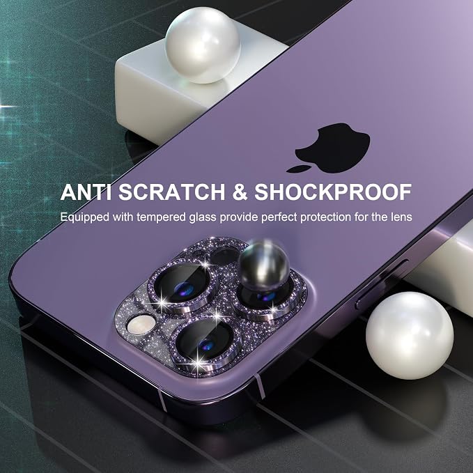 Choiche for iPhone 14 Pro/iPhone 14 Pro Max Camera Lens Protector, Bling Camera Cover with 9H Tempered Glass Lens Screen Protector Metal Ring Decoration Accessories (Glitter-Purple)
