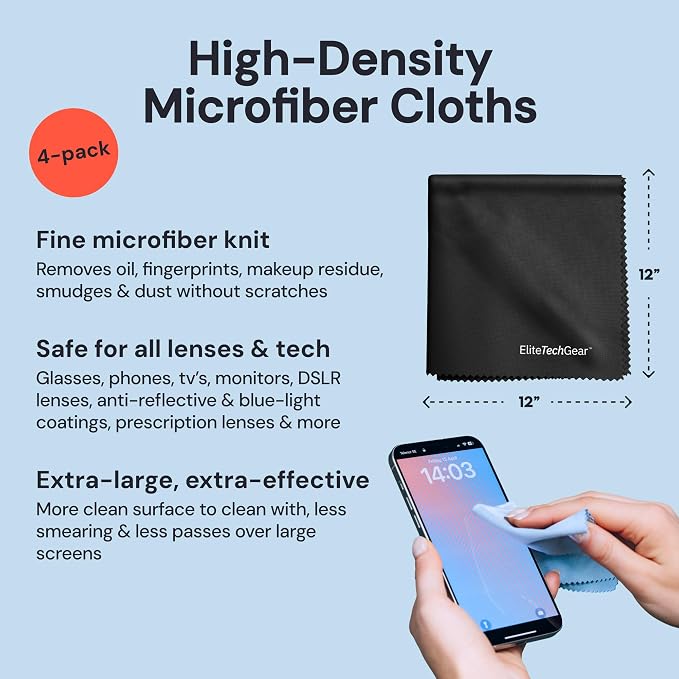 Elite Screens Oversized Microfiber Eye Glass Clean Cloths - 12" x 12", 4-Pack, Black - Streak-Free Lens Wipes - Portable Eye Glasses Cleaner Wipes