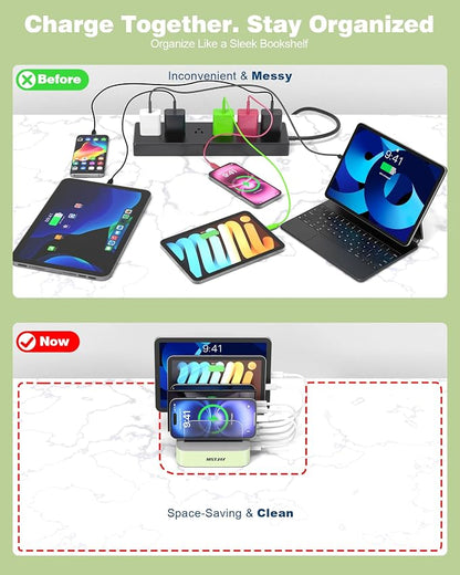 MSTJRY Charging Station for Multiple Devices : 5 Port Multi USB-A Charger Stations Multi-Device Organizer Charging Dock Designed for iPhone iPad Cell Phone Tablets (7 Short Cables Included), Cyan