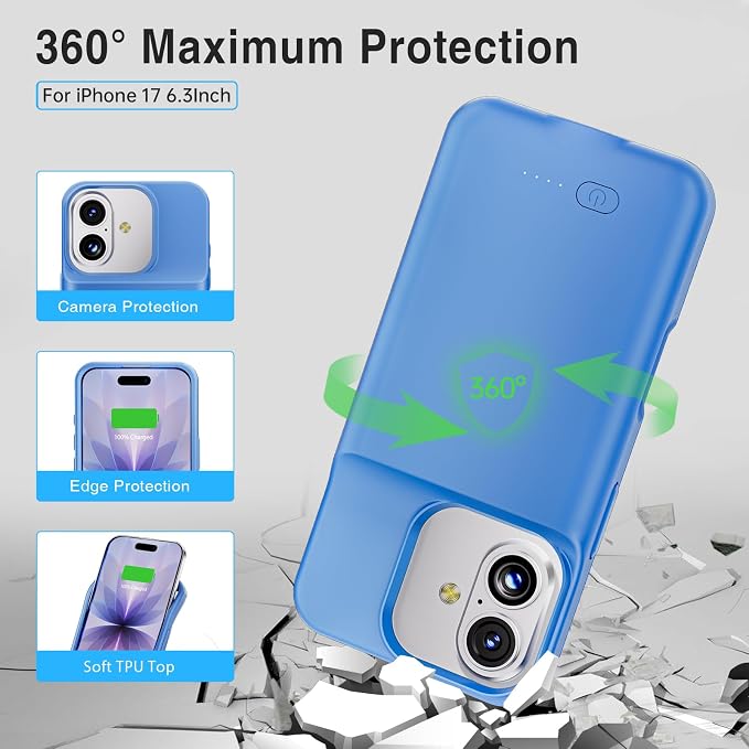 BOPPS Battery Case for iPhone 17,Ultra-Powerful 8500mAh Portable Rechargeable Protective Extended Charger Cover for iPhone 17 Charging Case-6.3inch，Blue