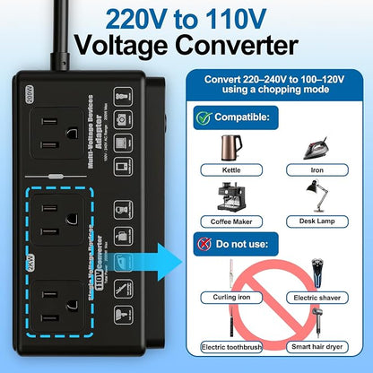 220v to 110v Travel Voltage Converter: International Universal Voltage Black Converter US to Europe Power Strip Plug Transformer - 2000W Electric Hair Dryer Step Down Outlet Converters for European UK